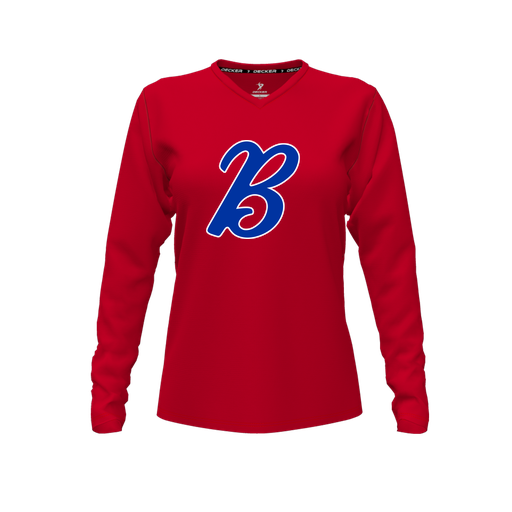 [CUS-DFW-TEES-PER-VNK-LSL-RED-FYXS-LOGO3] Performance T-Shirt (Female Youth XS, Red, V Neck, Logo 3, Long Sleeve)